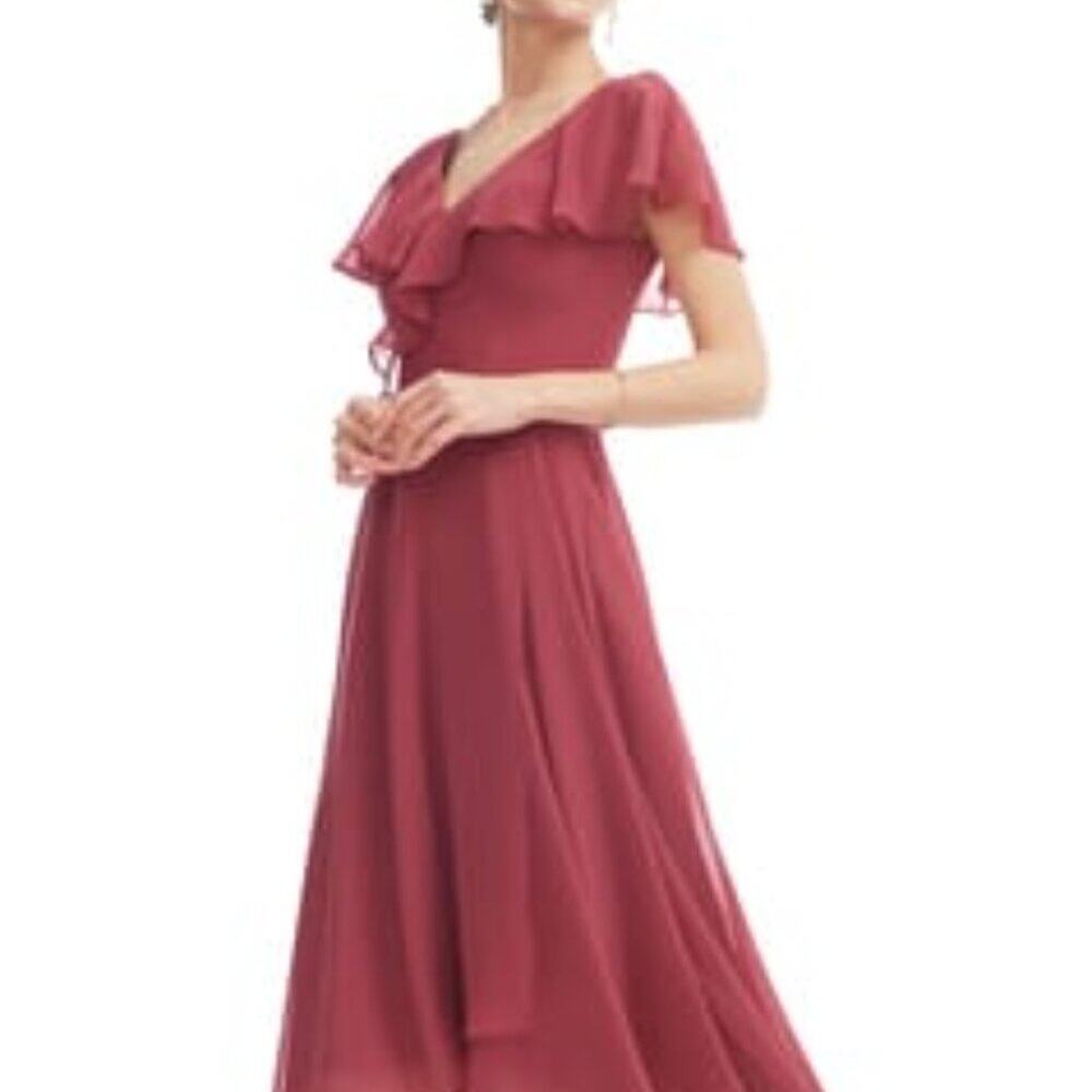 JJs House Wine Red Ruffled V-Neck Midi Dress